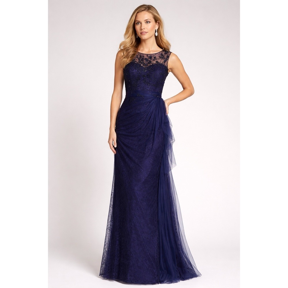 Rickie Freeman Teri Jon Navy Beaded Illusion Neck Lace Gown Formal Dress 4 Prom